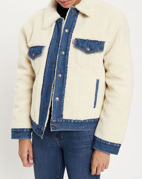 Veste en jean extérieur et intérieur fourrée Sherpa crème/bleu