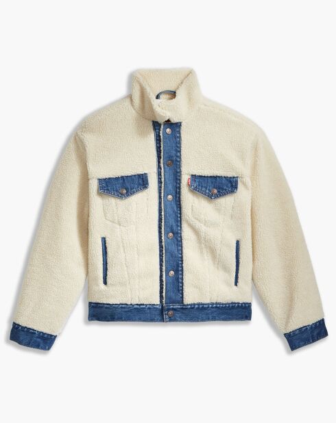 Veste en jean extérieur et intérieur fourrée Sherpa crème/bleu