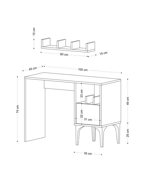 Bureau + etagère rish blanc - 74x100x45 cm