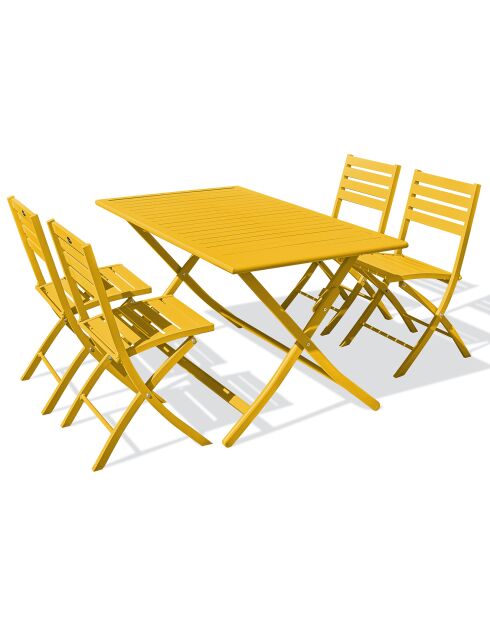 Set aus zusammenklappbarem Gartentisch Marius TB140 und 4 Marius CP Klappstühlen senfgelb - 140x80x73 cm