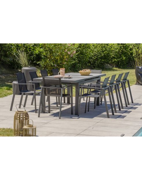 Gartenset VENISE-TB250 Tisch mit Verlängerung + 10 stapelbare ALU-MIAMI-FT Sessel Anthrazitgrau