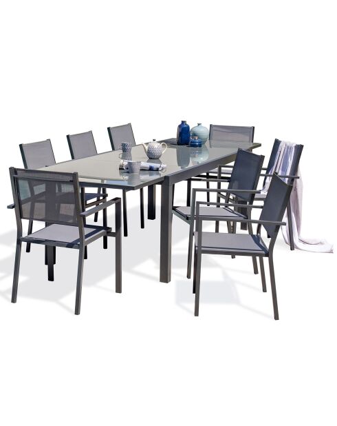Ensemble de jardin Table TOLEDE-TB300-NOIR avec rallonge +  8 fauteuils TOLEDE-FT empilables gris anthracite