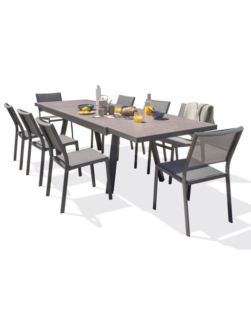 Gartenset STOCKHOLM-TB300-CER Tisch mit Verlängerung + 8 stapelbare STOCKHOLM-CH Stühle Anthrazitgrau