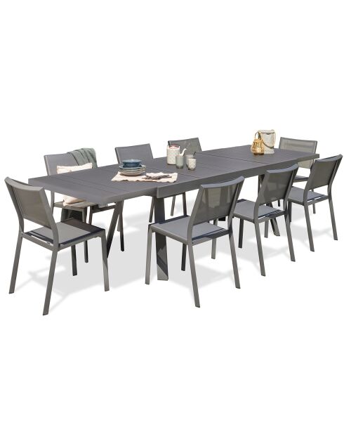 Gartenset STOCKHOLM-TB300-ALU Tisch mit Verlängerung + 8 stapelbare STOCKHOLM-CH Stühle Anthrazitgrau
