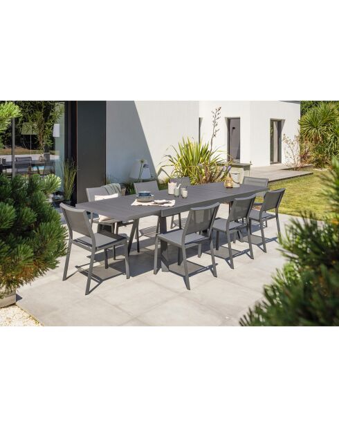 Gartenset STOCKHOLM-TB300-ALU Tisch mit Verlängerung + 8 stapelbare STOCKHOLM-CH Stühle Anthrazitgrau