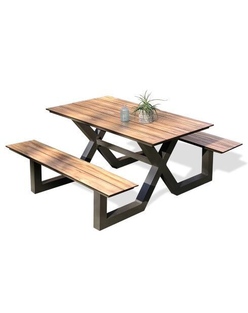 VANCOUVER Gartentisch mit Bänken aus Aluminium und HPL in anthrazitgrauer Holzoptik - 150x164x75 cm