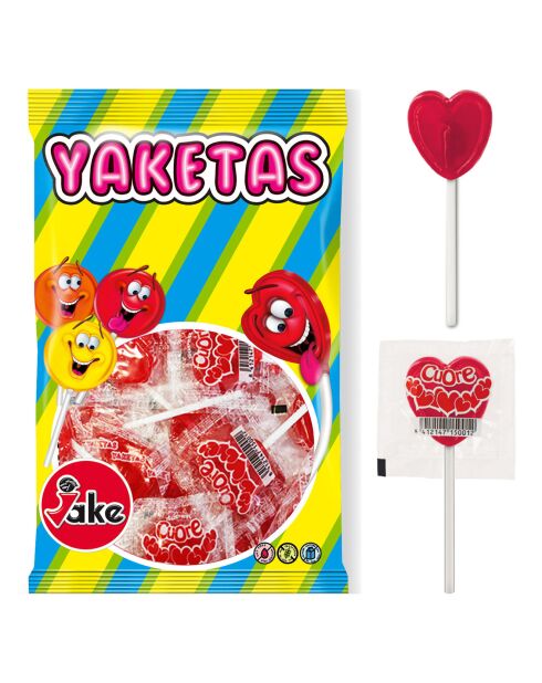 Bolsa de 100 piruletas con forma de corazón rojo
