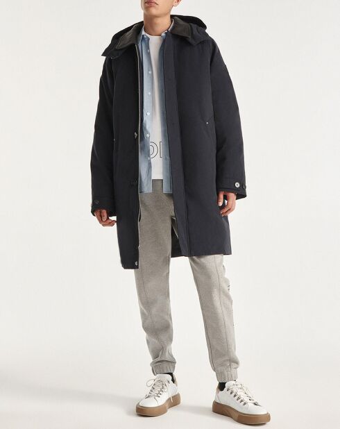 Parka nylon à capuche cuir noire