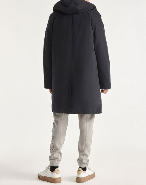 Parka nylon à capuche cuir noire