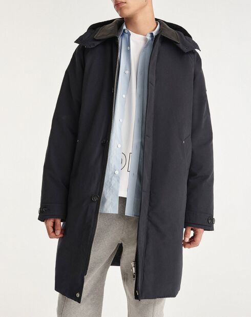 Parka nylon à capuche cuir noire