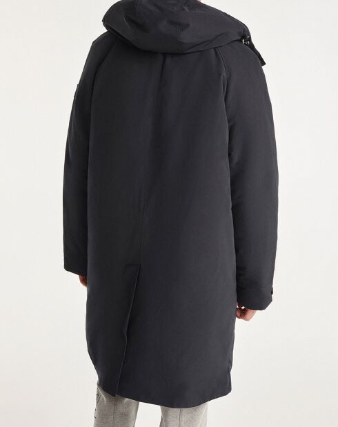 Parka nylon à capuche cuir noire