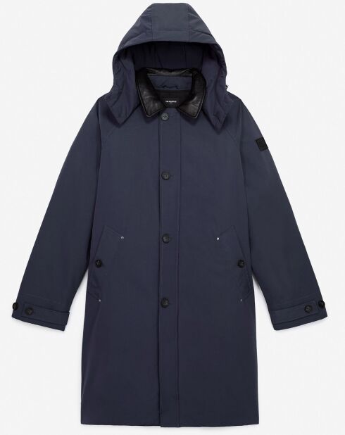 Parka nylon à capuche cuir noire