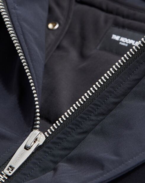 Parka nylon à capuche cuir noire