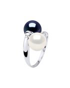 Witgouden ring, diamanten van 0,06 ct en echte natuurlijke wit/zwarte Tahiti-ronde zoetwaterparels