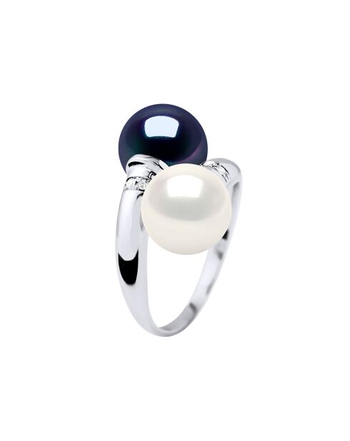 Witgouden ring, diamanten van 0,06 ct en echte natuurlijke wit/zwarte Tahiti-ronde zoetwaterparels
