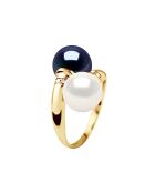 Geelgouden ring, diamanten van 0,06 ct en echte ronde natuurlijke wit/zwarte Tahiti zoetwatergekweekte parels