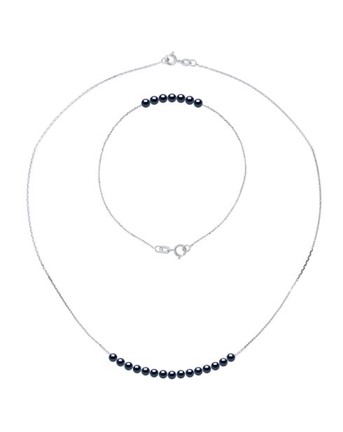 Parure Collier + Bracelet Or Blanc & Véritables Perles de Culture d'Eau Douce Rondes black tahiti