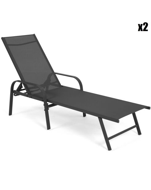 2 Transats textilene  gris - 185x58x50 cm