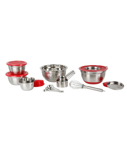 Utensilios de preparación de cocina en acero inoxidable y plástico gris - 27 piezas