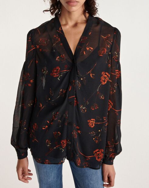 Chemise manches longues col V en all over lumieres noire