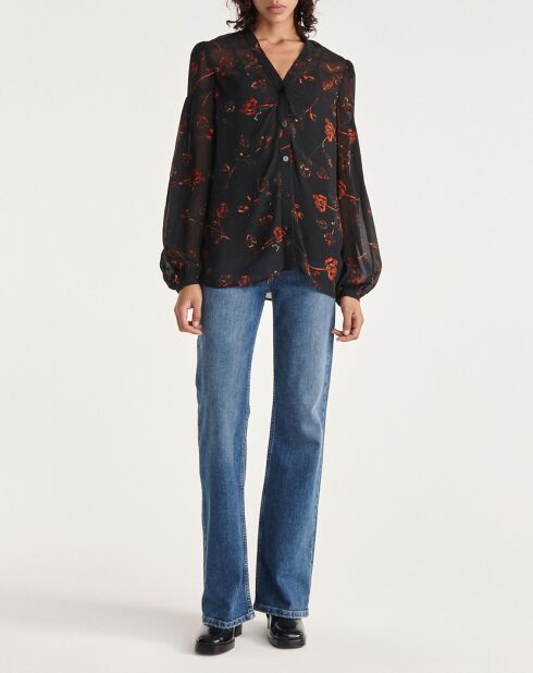 Chemise manches longues col V en all over lumieres noire