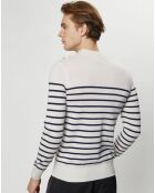 Pull en Cachemire & Laine Memarino rayé col rond écru/marine