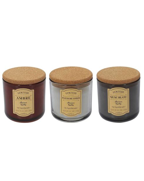 3 Bougies Apothicaires musc blanc, ambre, fleur de coton multicolore - 1 mèche 25h