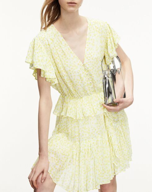 Vestido corto de manga corta con volantes blanco/amarillo
