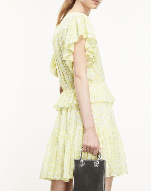 Vestido corto de manga corta con volantes blanco/amarillo