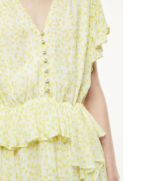 Vestido corto de manga corta con volantes blanco/amarillo