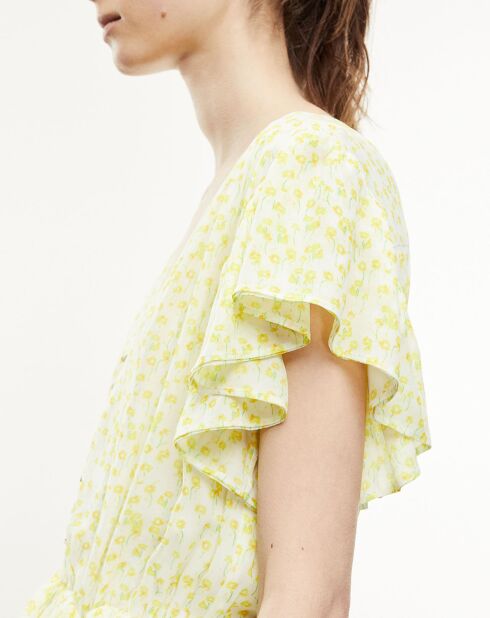Vestido corto de manga corta con volantes blanco/amarillo