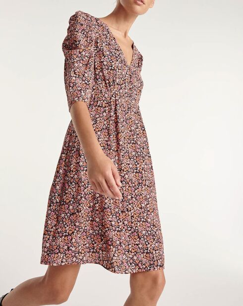 Robe courte imprimée épaules froncées rose
