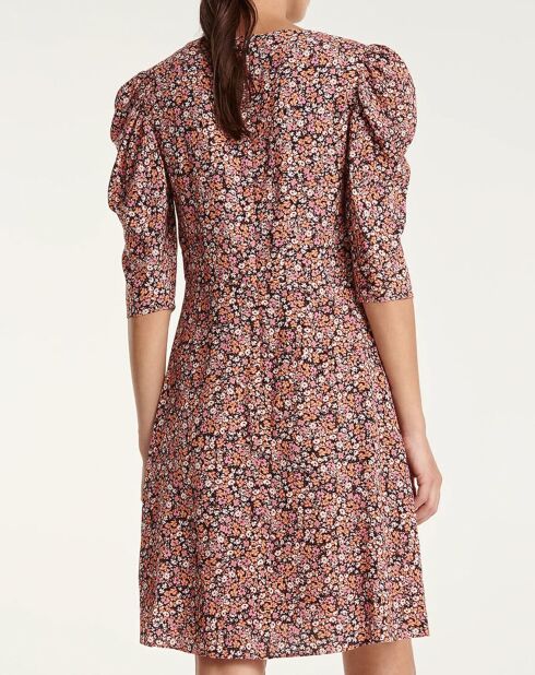 Robe courte imprimée épaules froncées rose