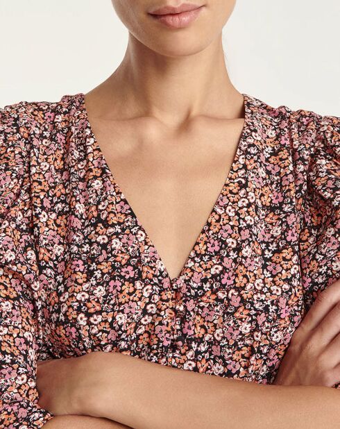 Robe courte imprimée épaules froncées rose