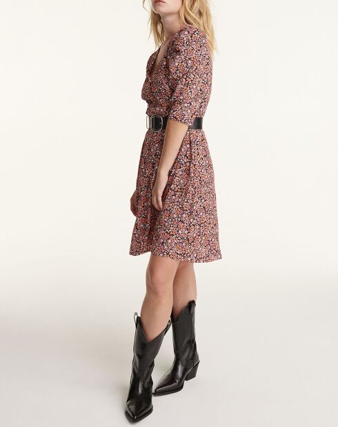 Robe courte imprimée épaules froncées rose