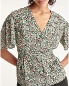 Soepele groene top met ruches en bloemenprint
