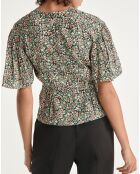 Soepele groene top met ruches en bloemenprint