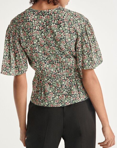 Soepele groene top met ruches en bloemenprint