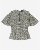 Soepele groene top met ruches en bloemenprint