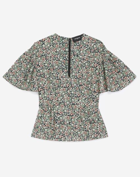 Soepele groene top met ruches en bloemenprint