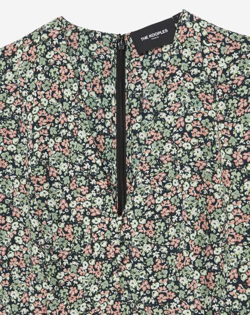 Soepele groene top met ruches en bloemenprint