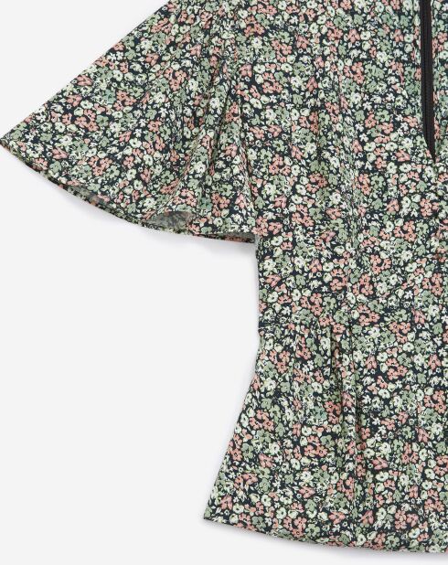 Soepele groene top met ruches en bloemenprint