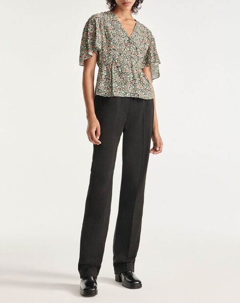 Soepele groene top met ruches en bloemenprint