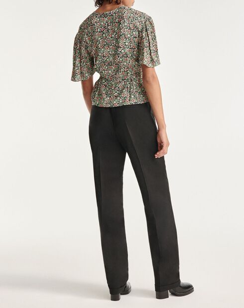 Soepele groene top met ruches en bloemenprint