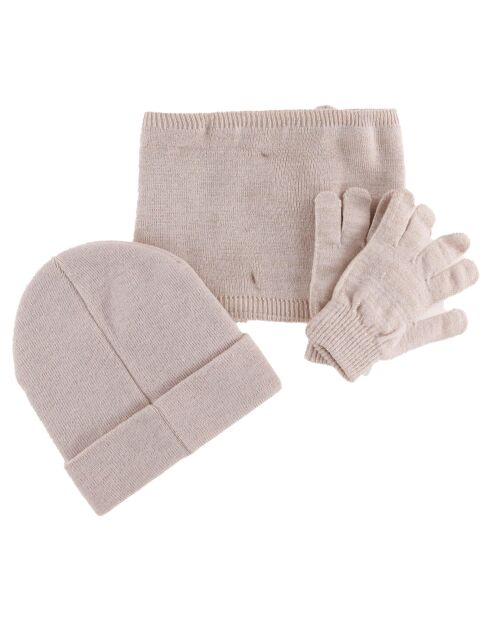 Ensemble bonnet, écharpe & gants rose clair