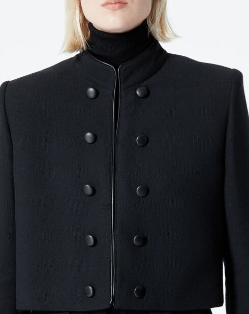 Veste double boutonnage avec details cuir noire