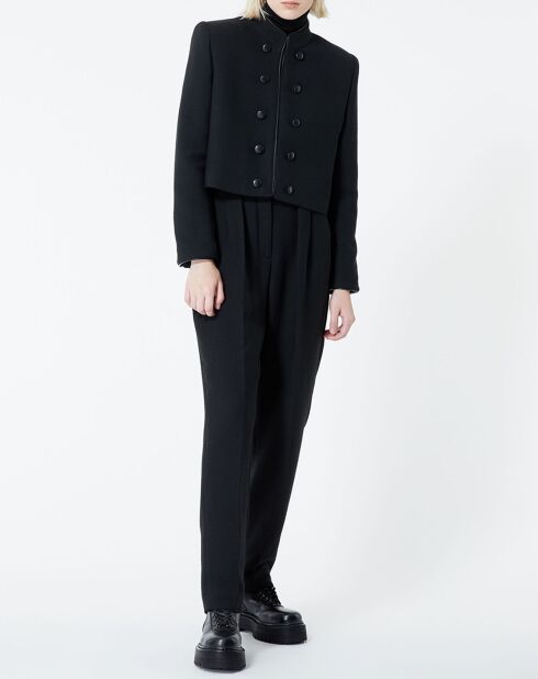 Veste double boutonnage avec details cuir noire