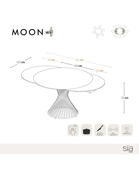 Table extensible Moon Céramique dorée - 120x120x76 cm