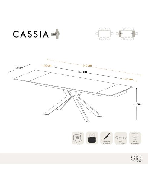Cassia Ausziehtisch aus schwarzer Keramik mit Marmoreffekt - 160/200/240x90x76 cm