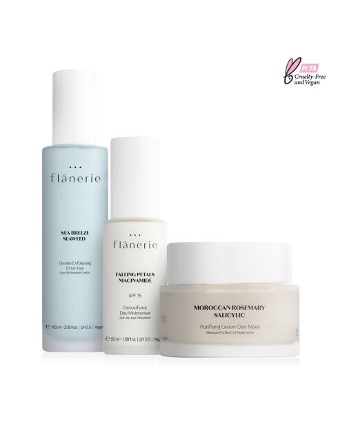 Set Gel cryo Exfoliant aux algues + Masque Purifiant pour le visage à l'argile verte + Crème de Jour Détoxifiante à la Niacinamide SPF15
